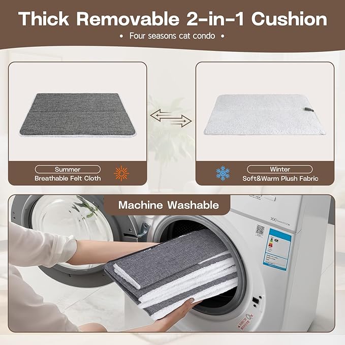 Cat Houses for Indoor Cats - Large Cat Bed Cave with Fluffy Ball and Scratch Pad, Foldable Cat Condo Hideaway for Multi Small Kitten & Pet, Grey