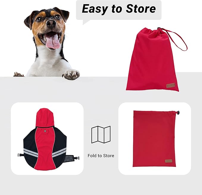 Dog Raincoat for Medium Large Extra Large Dogs, Waterproof Rain Jacket with Reflective Strap, Lightweight Hoodies Full-Body Coverage Dry Clothes (M, Red)