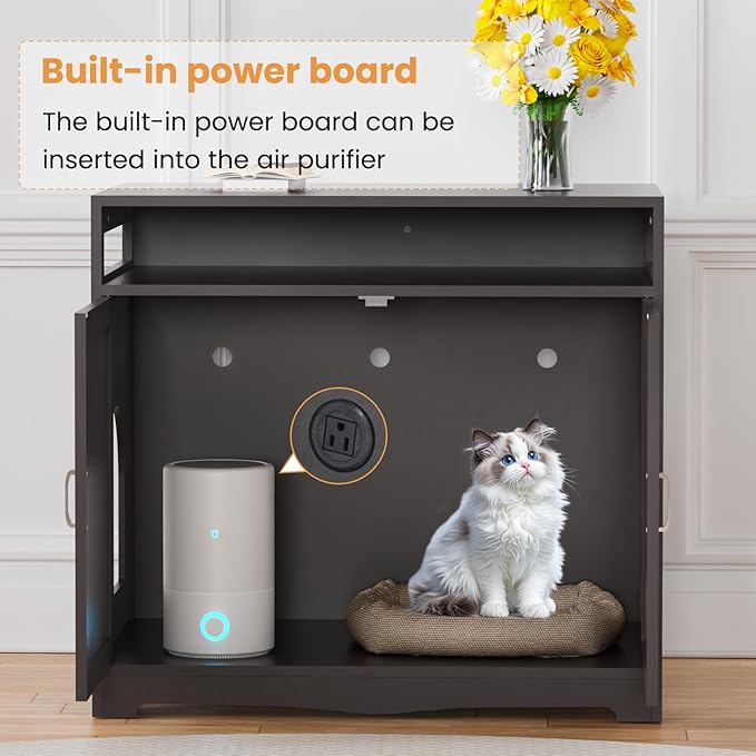 Cat Litter Box Enclosure, Hidden Litter Box Furniture with Built-in Power Outlet, Indoor Cat House, Cat Washroom Furniture, End Side Table for Hallway & Bedroom