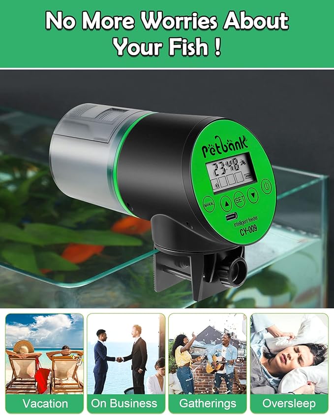 Automatic Fish Feeder for Aquariums - Rechargeable Auto Fish Food Dispenser Timer Feeder with USB Charger Cable，LCD Screen, Customized Schedule