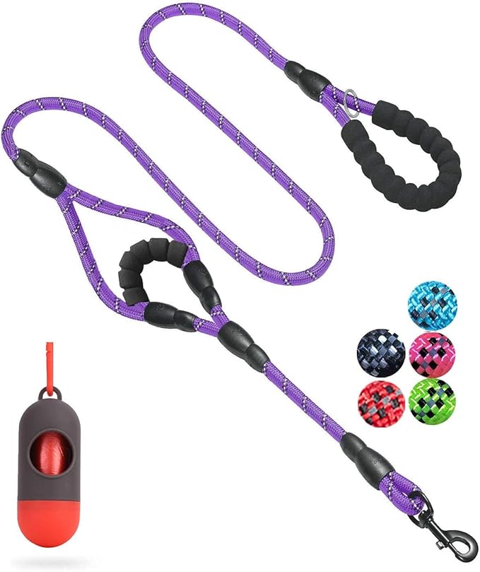 JSXD 5 FT Heavy Duty Double Handle Dog Leash with Comfortable Padded and Reflective Rope, for Small, Medium, Large Dogs (Rope-Purple)
