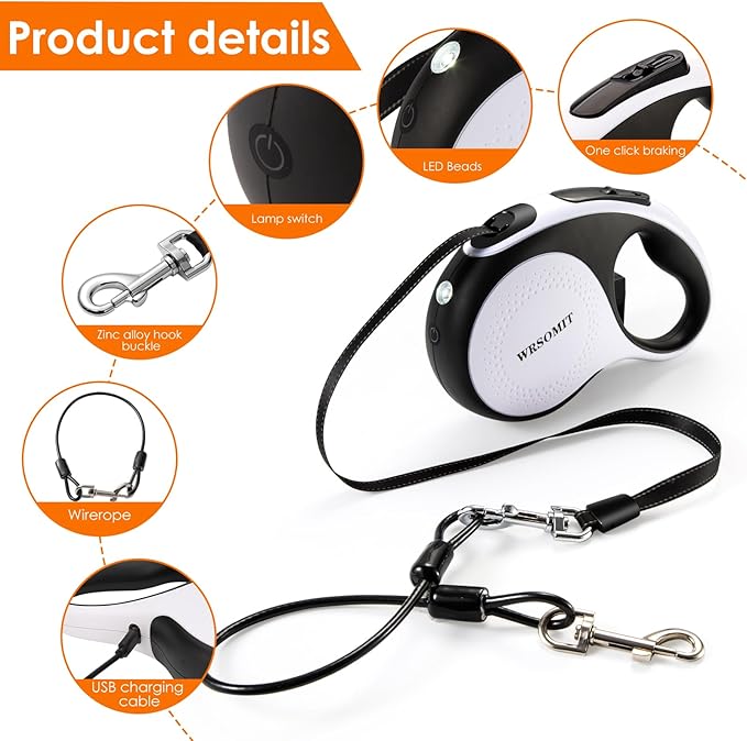Retractable Dog Leash with Chew Proof Cable and LED Flashlight, 16Ft Heavy Duty Dog Leash for Medium Large Dogs up to 110lbs, 360° No Tangle (White+16ft+LED)