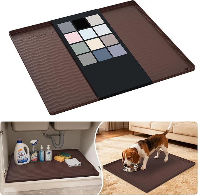 URMONA Waterproof Silicone Under Sink Mat 25'' x 22'' Shelf Liner for Kitchen and Bathroom, Cabinet and Counter Protector, Storage and Organizers, Litter Mat, Pet Cat Puppy Essentials(Brown)