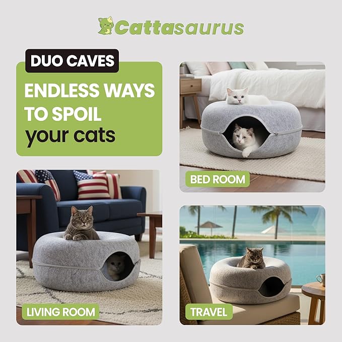 Cattasaurus Peekaboo Cat Cave Donut for Multiple & Large Cats up to 30-45 lbs, 3-in-1 Self Warming Cat Bed, Tunnel & Scratcher for Indoor Cats, Washable & Detachable (Light Gray + Light Gray, Large)