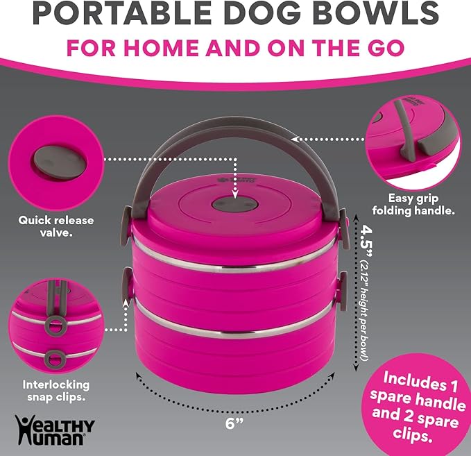 Healthy Human Travel Pet Bento Bowls - Human-Grade Stainless Steel & BPA-Free, Leak-Proof Water & Food Container Set for Dogs & Cats, 2-Pack Interlocking Bowls, Includes Spare Clips & Handle (Pink)