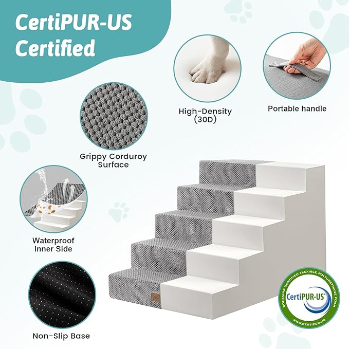 Dog Stairs for Small Dogs 17.7" H, 5-Step Gentle Incline Pet Step for Couch and Beds, Non-Slip Right-Angle Dog Ramp for Puppy Doggie Senior Cats, 17.7x29.5x17.7 Inch, Grey