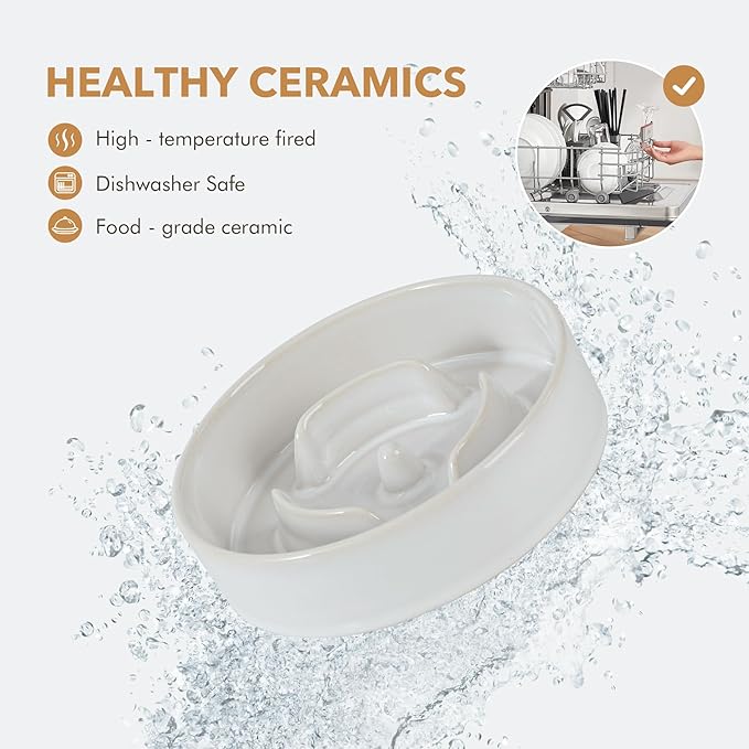 Ceramic 0.9 Cup Raised Slow Feeder Dog Bowl Set, Elevated 6.1inch Water Bowl and 6.1inch Slow Dish with Acacia Wood Stand for Small Dogs (2 x Reactived Glaze -White+ Stand)