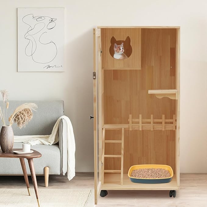 Large Wooden Cat House, Luxury Multi-Feature Cat Condo with Cat Scratching Posts, Oversized Indoor Villa Enclosed Design with Wheels and Ventilation Doors