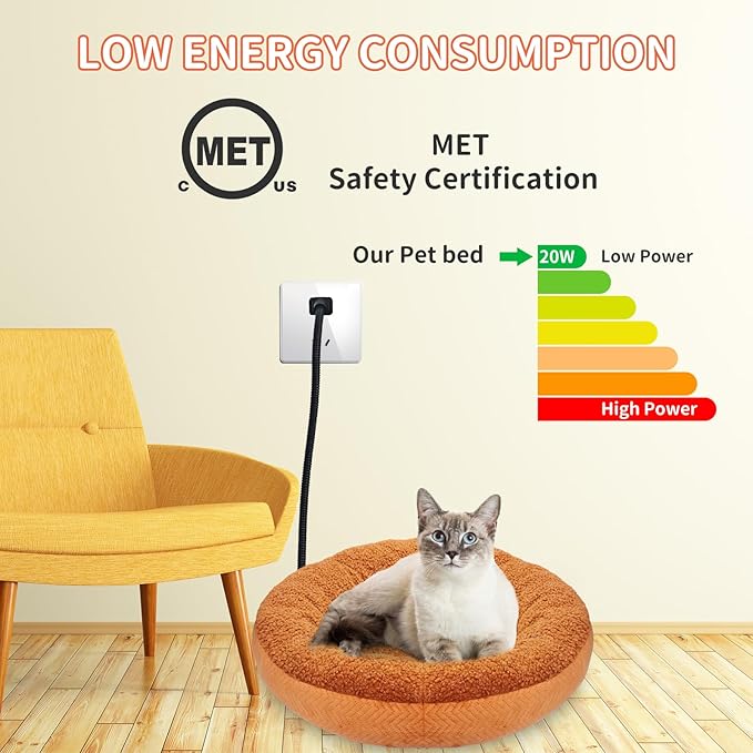 Heated Cat Beds for Indoor Cats Warming Cat Beds Super Soft Machine Washable Thermo Kitty Electric Heating Bed 19 Inches Round