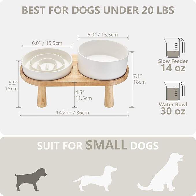 Ceramic Slow Feeder and Water Bowl Set for Small Dogs, 6.0inch Ceramic Dog Bowls Elevated with Wooden Stand, 0.6 Cups Dog Slow Feeder(14oz) and 30oz Water Bowl Set, White