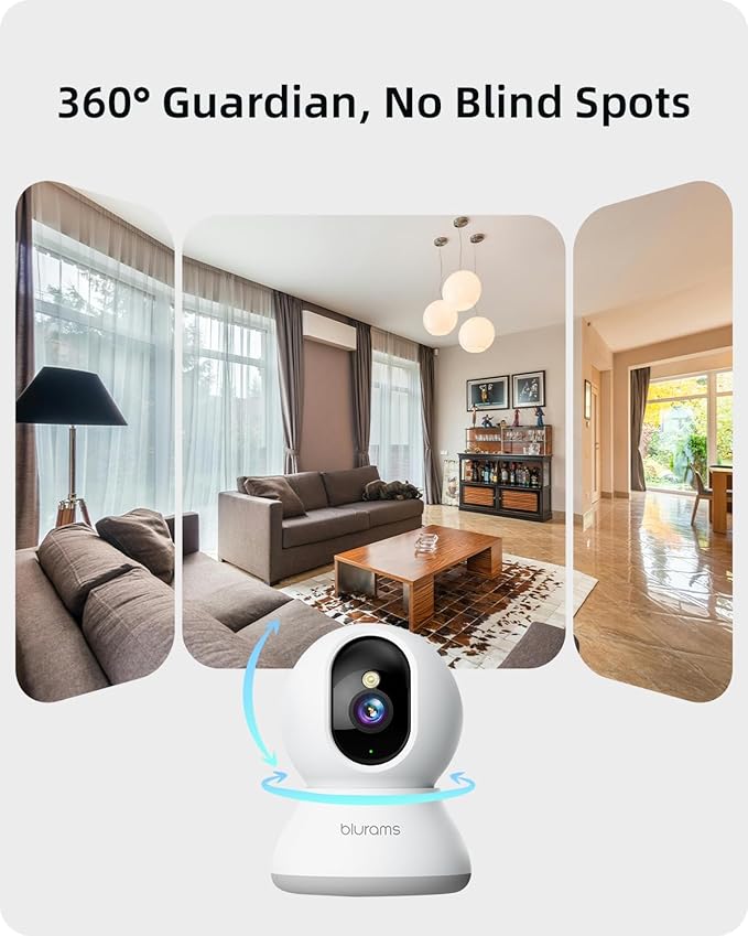 Security Camera 2K, blurams Baby Monitor Dog Camera 360-degree for Home Security w/Smart Motion Tracking, Phone App, IR Night Vision, Siren, Works with Alexa & Google Assistant & IFTTT, 2-Way Audio