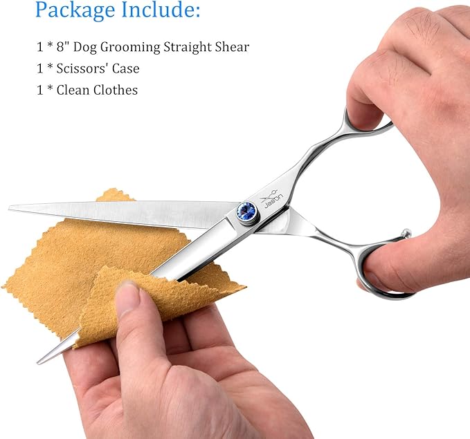 JASON 8" Straight Dog Grooming Scissors Long Pets Grooming Shears Premium Cats Trimming Kit with Offset Handle and a Jewelled Screw Sharp Comfortable Christmas Gift