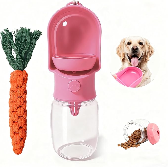 11OZ Portable Dog Water Bottle with Food Container | BPA-Free | Leak-Proof | Perfect for Outdoor Walks (Pink, 11oz)