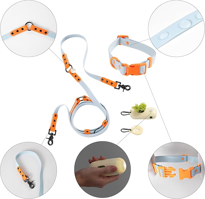 WLK1005D-5SET Luna Medium 8FT Adjustable 6-in-1 Waterproof Hands-Free Leash and Collar with LED Flashlight, Bag Dispenser, and Poop Bag Holder, Fishbowl