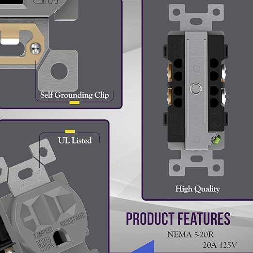 ENERLITES Duplex Receptacle, Tamper-Weather-Resistant, Residential/Commercial Grade Outdoor Outlet, Self-Grounding, 2-Pole, 3-Wire, 5-20R, 20A 125V, UL Listed, 62040-TWR-GY, Gray