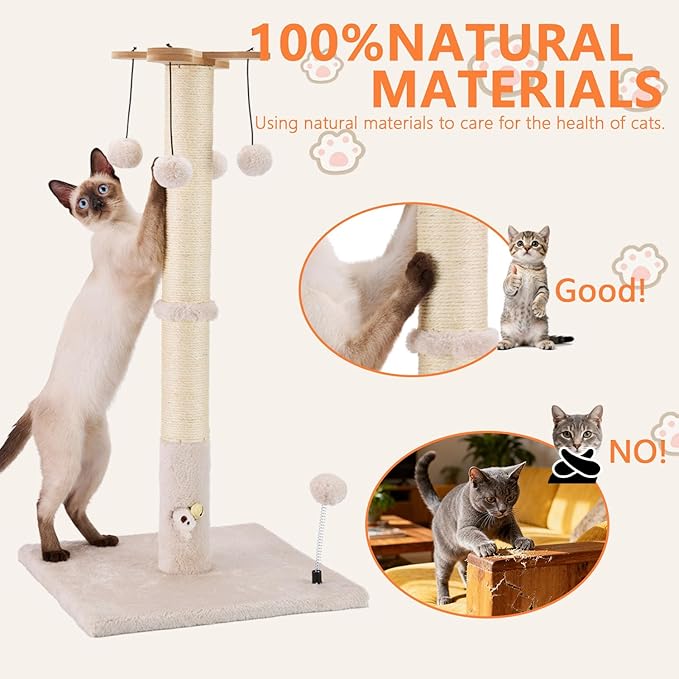 PAWSFANS Cat Scratching Post for Indoor Cats and Kittens,30inches Tall Sisal Scratch Posts with Four Hanging Ball Toys and Reinforce The Stable Base Beige