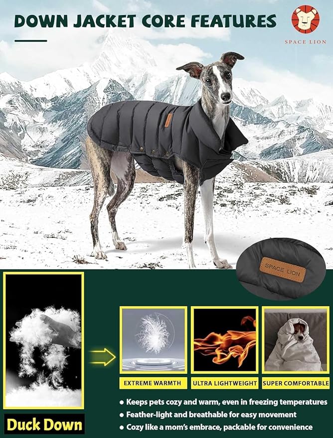 SPACE LION Dog Puffer Jacket, Down Winter Coat, Durable Outdoor Coat for Cold and Windy Conditions, Lightweight & Adjustable Fit Coats for Large Dogs,(Onyx Black, Size30/5XL)