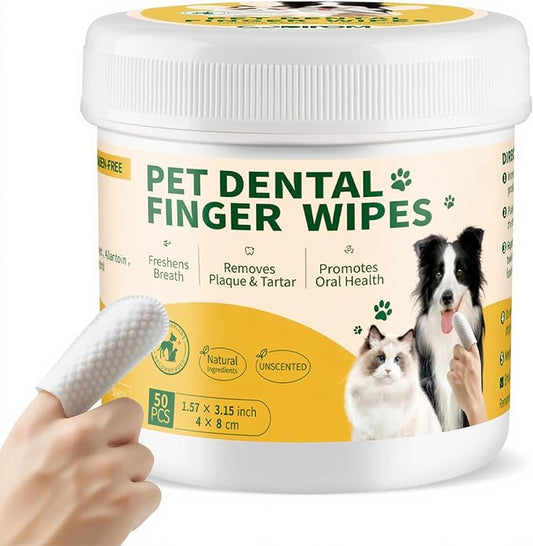 Dental Care Finger Wipes 50 Counts –Disposable Wipes for Dogs & Cats, Plaque & Tartar, Fresh Breath & Gum Health，All Natural Dog Toothbrush & Tooth Brushing Kit（Unscented）