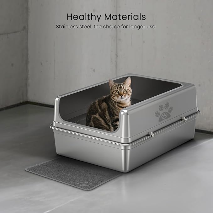 Enclosed Stainless Steel Cat Litter Box with Lid, Oversize Metal Litter Box for Multi Cats, Extra XXL Cat Toilet with High Side, Non-Stick, Anti-Leakage, Odorless, with Litter Mat & Litter Scoop
