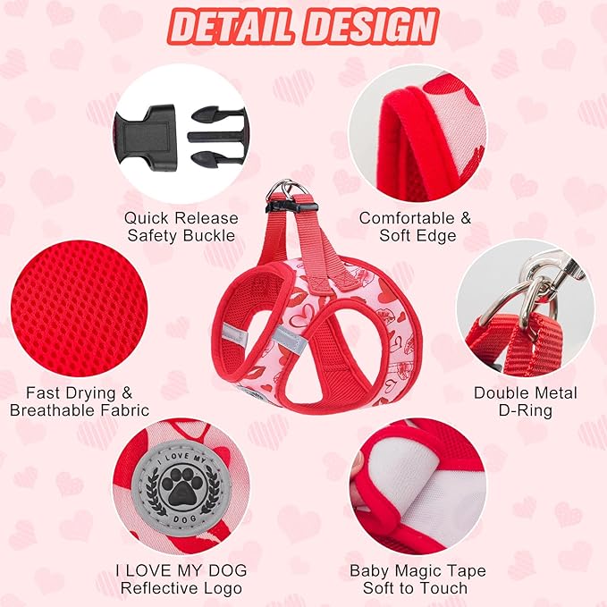 BEAUTYZOO Step in Dog Harness and Leash Set,Reflective Dog Harness No Pull No Choke Puppy Harness for Small Medium Large Dogs Cats,Soft Padded Mesh Vest Harnesses for Girl and Boy,Valentine's Day M