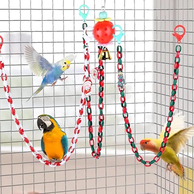 Christmas Parakeet Cockatiel Bird Toys,Plastic Chain Links Bird Cage Accessories Mix Color Hammock Swing Toy for Budgerigar, Conures, Love Birds, Finches, Mynah
