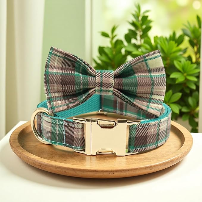 PETDURO Personalized Dog Collar Teal Brown Plaid for Large Medium Dogs | Engraved Name and Phone Number on Gold Metal Buckle for Boys & Girls | Add Leash & Bow Tie via Customize Now