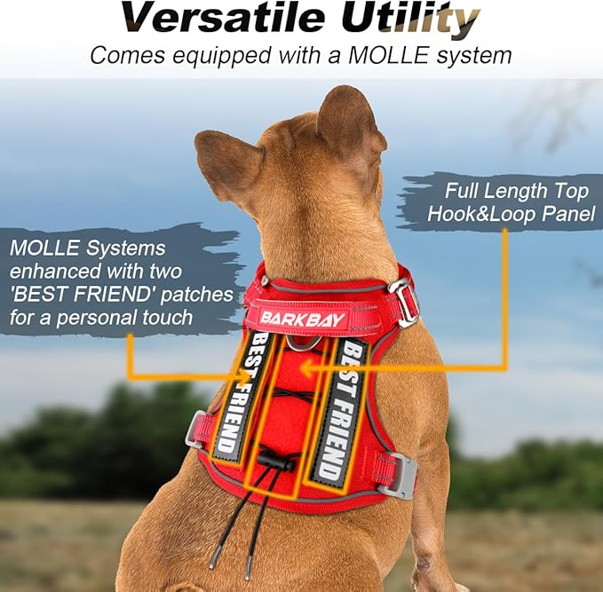 BARKBAY Service Dog Vest Tactical Dog Harness Medium Large Sized Dog Tags Personalized No Pull Adjustable Harness Reflective K9 Working Training Easy Control Military Molle System(Red,S)