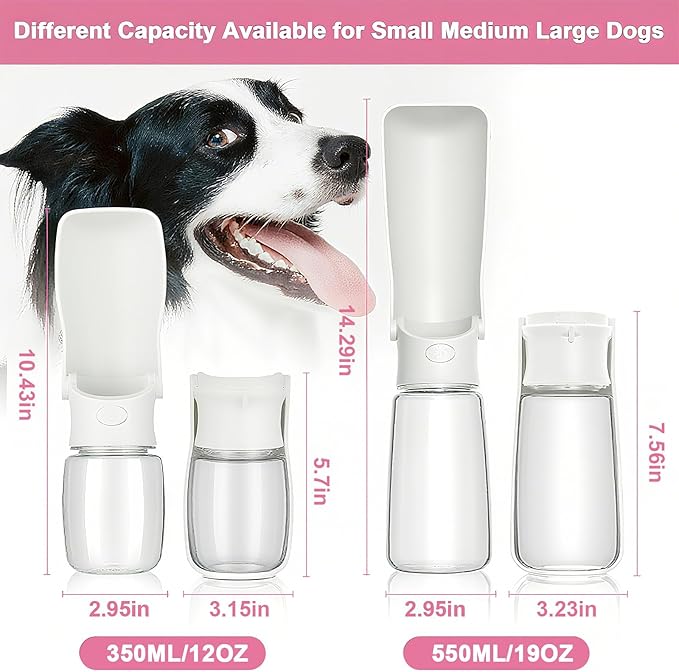 Portable Dog Water Bottle - Foldable Dog Water Dispenser | Leak Proof & Food Grade Plastic Travel | Pet Water Bottle for Cat Outdoor Walking Hiking Travel（US） (White, 19oz)
