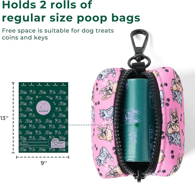 ATIFBOP Dog Poop Bag Dispenser with 30 Bags, Poop Bag Holder Fit All Dog Leashes, Soft and Big Capacity Doggy Bags Refill Carrier (Pink)