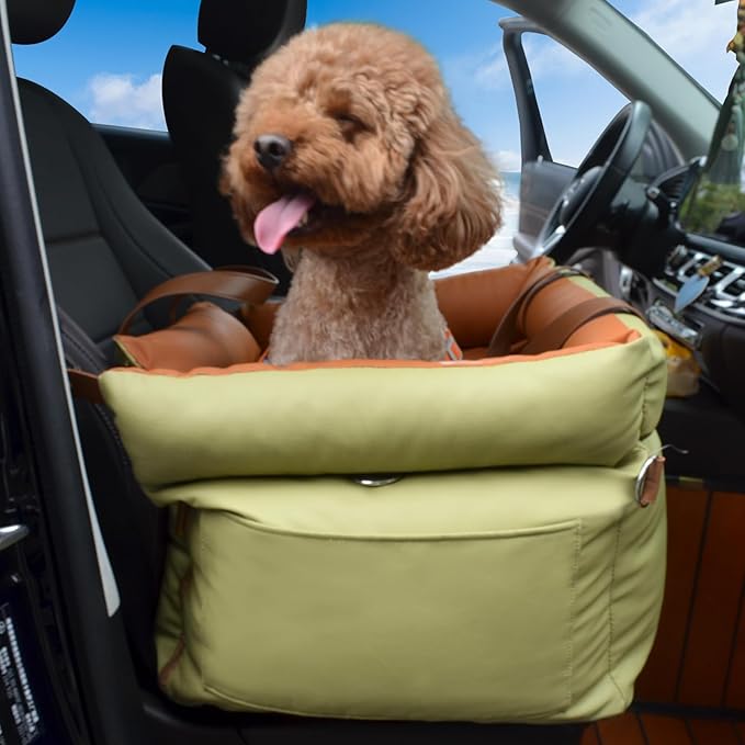 Dog Car Seat for Large Dogs, Large Leather Dog Car Bed with Storage Pocket, Waterproof PVC Leather Booster Seat Travel Bed for Front & Back Seat, Clip-On Safety Leash (Blue/Brown)