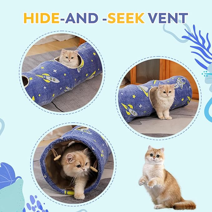 Glowing Astronaut Pattern Cat Tunnel - Collapsible with Plush Balls, Ideal for Indoor Cats, Rabbits, Kittens, Ferrets & Puppies (Blue)