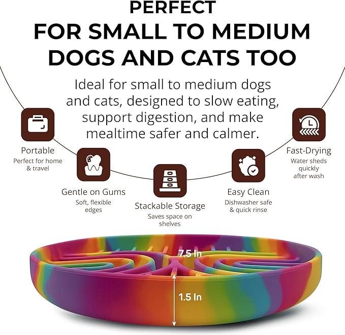 Slow Feeder Dog Bowls, Dishwasher Safe, Non-Slip Base, BPA-Free Slow Eating Dog Bowl (Rainbow, 1-Pack)
