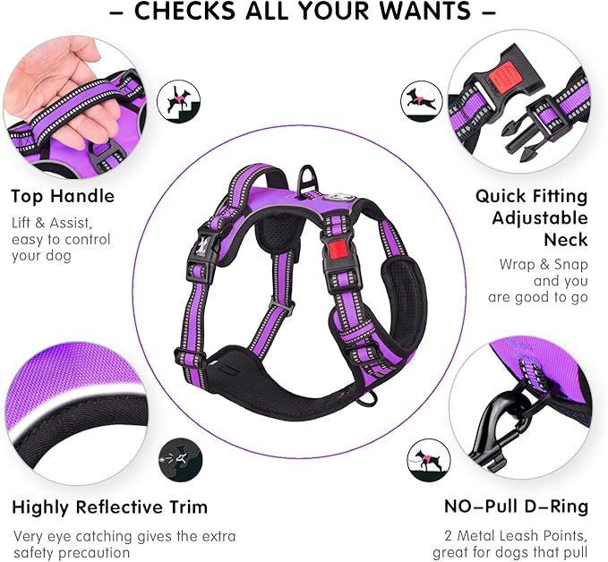 PoyPet No Pull Dog Harness, [Release on Neck] Reflective Adjustable No Choke Pet Vest with Front & Back 2 Leash Attachments, Soft Control Training Handle for Small Medium Large Dogs(Purple,M)