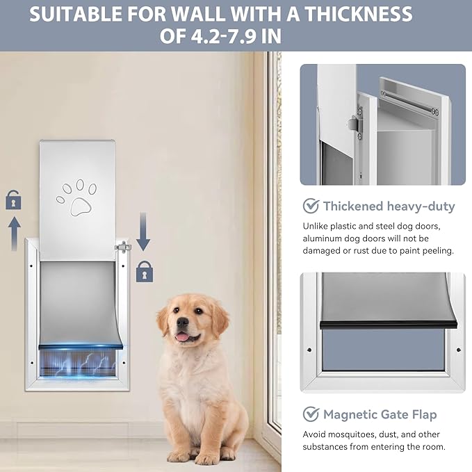 [Petoasis] 3-Flaps Dog Door for Wall, Rust Proof Aluminum Alloy Frame, Extreme Weather Dog Door Can Block Wind, Snow, and Rainwater Intrusion (Silvery White, Meduim for Wall)