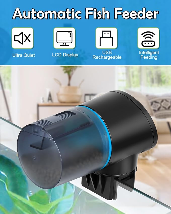 Automatic Fish Feeder for Aquarium - Rechargeable Fish Food Auto Dispenser Vacation Turtle Feeder with USB Charger Cable，LCD Screen, Customized Schedule (Blue)
