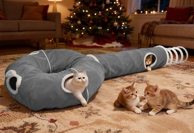 Ownpets 2-in-1 Cat Tunnel, Large Lollipop Shape Cat Tunnel Toy with Fluffy Balls, Spiral Toy, Plush Collapsible Cat Cave Hideout Donut Tunnel for Multi Kitten Puppy Rabbit (Grey)