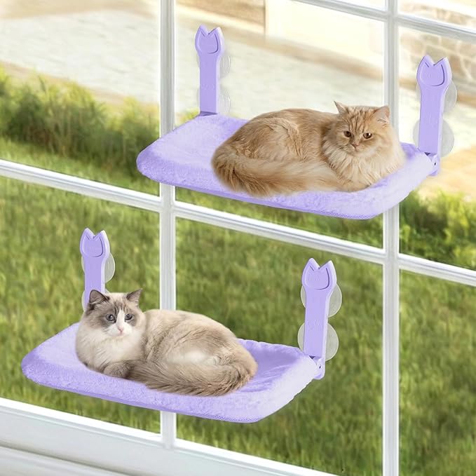 2 Pack Cat Window Perch,Cat Window Hammock Cordless Foldable Window Bed with 4 Large Strong Suction Cup,Reversible Cushion Cover,Metal Frame Easy to Adjust Window Seat Holds up to 40lbs(Purple，M)