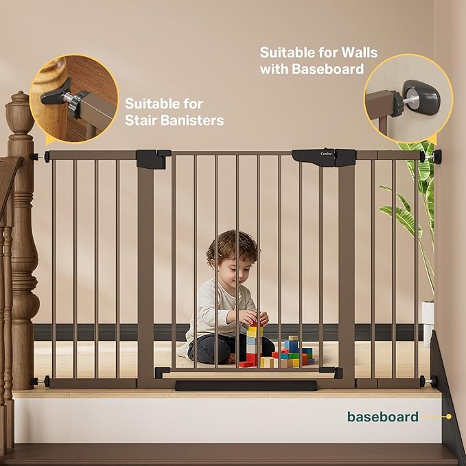 Cumbor 29.7"–51.5" Extra Wide Baby Gate for Stairs, Pressure-Mounted Dog Gates for Doorways & Hallways, Auto-Close Walk-Through, No-Trip Design, Child Proof Safety, Dog/Pet Gate for Indoor Use, Brown
