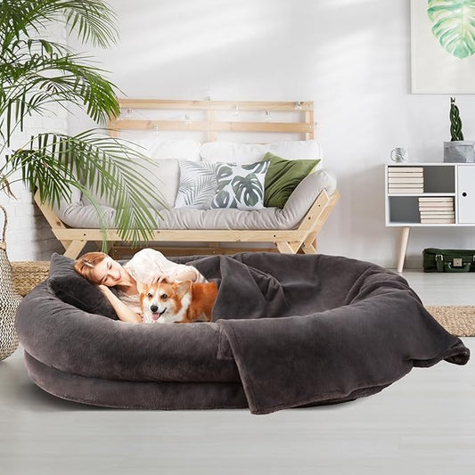 Human Dog Bed for Adults, 71"x51"x12" Washable Orthopedic Size, Faux Fur Removable, Cozy Large Present with Blanket and Pillow, Dark Grey