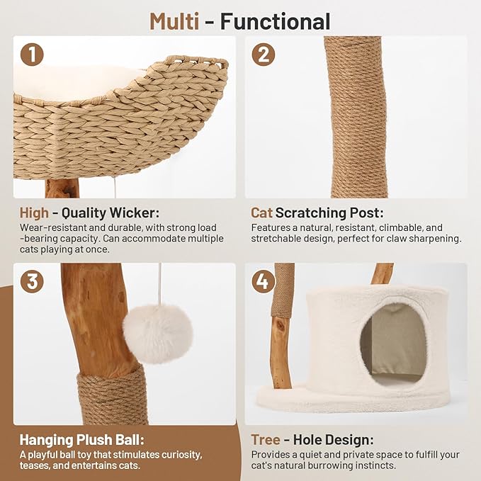 Modern Cat Climbing Tower Solid Wood Cat Tree for Indoor Cat Large Adult Tall Condo Tower with Scratching Post Bed and Stand