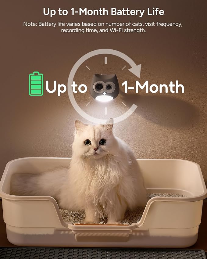 Litter Box Camera – AI Cat Health Monitoring, Records Cat's Toileting Behavior, Abnormal Alerts, Fits Automatic & Standard Litter Boxes, Multi-Cat Support, Cat Cam with Night Vision(Grey)