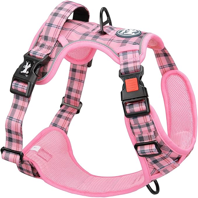 PoyPet No Pull Dog Harness, Reflective Adjustable No Choke Pet Vest with Front & Back 2 Leash Attachments, Soft Control Training Handle for Small Medium Large Dogs(Checkered Pink,S)