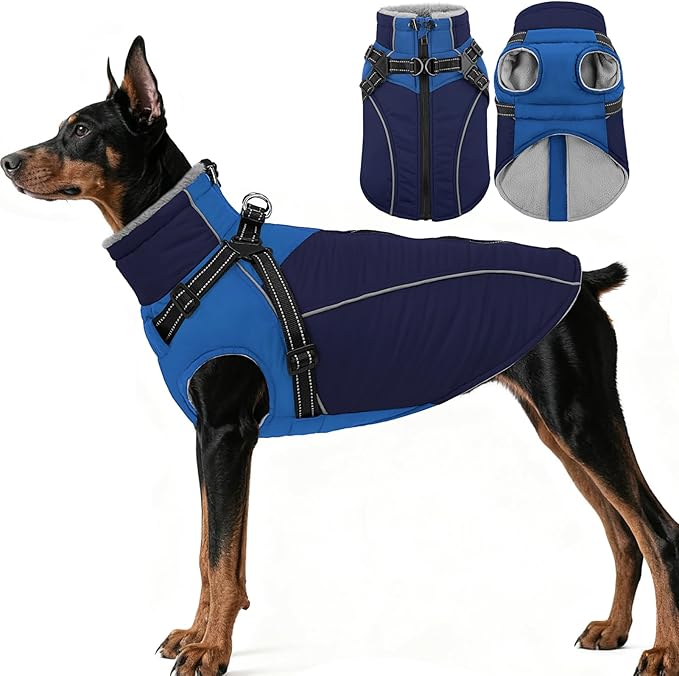 ASENKU Reflective Dog Coat with Built-in Harness, Windproof Fleece-Lined Dog Jacket for Small, Medium, Large Dogs, Warm Winter Vest with Turtleneck & Zipper (Navyblue XL)