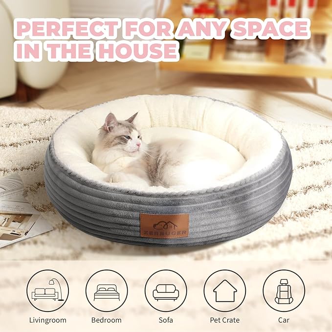 20in Washable Cat Beds for Indoor Cats - Round Donut Pet Bed for Cats, Small Dogs, Puppy, Kitten - Anti-Slip Bottom, Calming Bed Gift - Ideal for Every Home Space - Light Grey