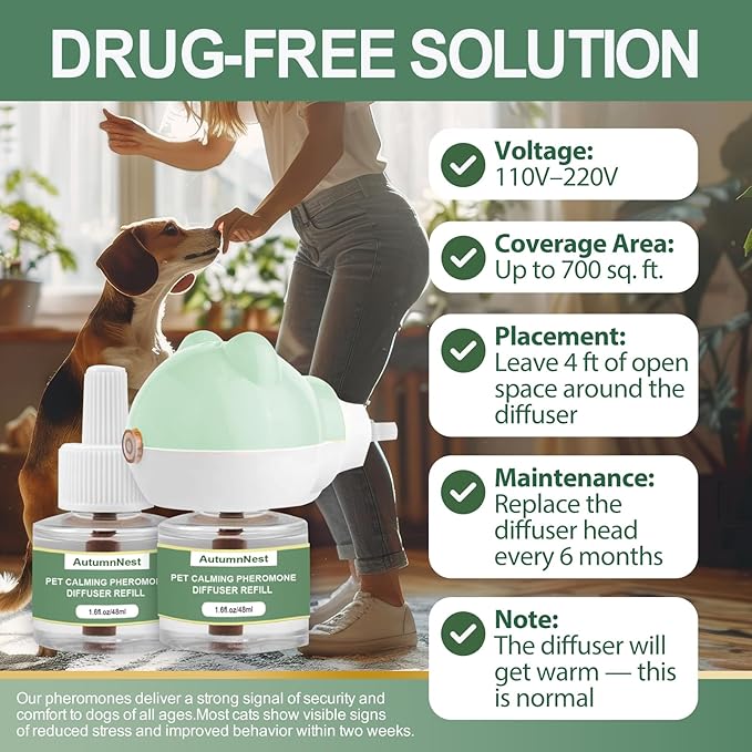 Dog Calming Diffuser Plug-in with Gentle Night Glow, 3 Refills Kit for Behavioral Support, Stress Soothing Aid for Pets During Travel, Thunder, Vet Visits, Fireworks, Safe Formula, 90 Days Supply