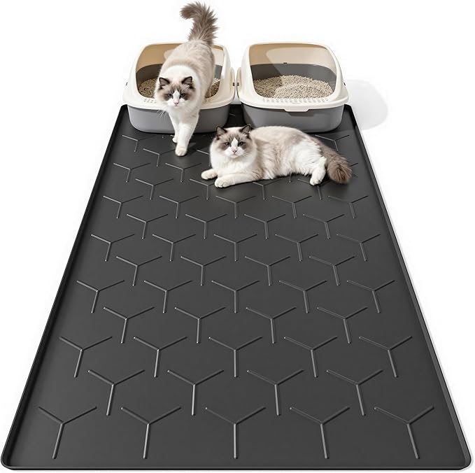 Extra Large Silicone Cat Litter Mat, Waterproof/Urineproof, Litter Recycling, Easy to Clean, Soft on Kitty Paws (28"X40"-Black)