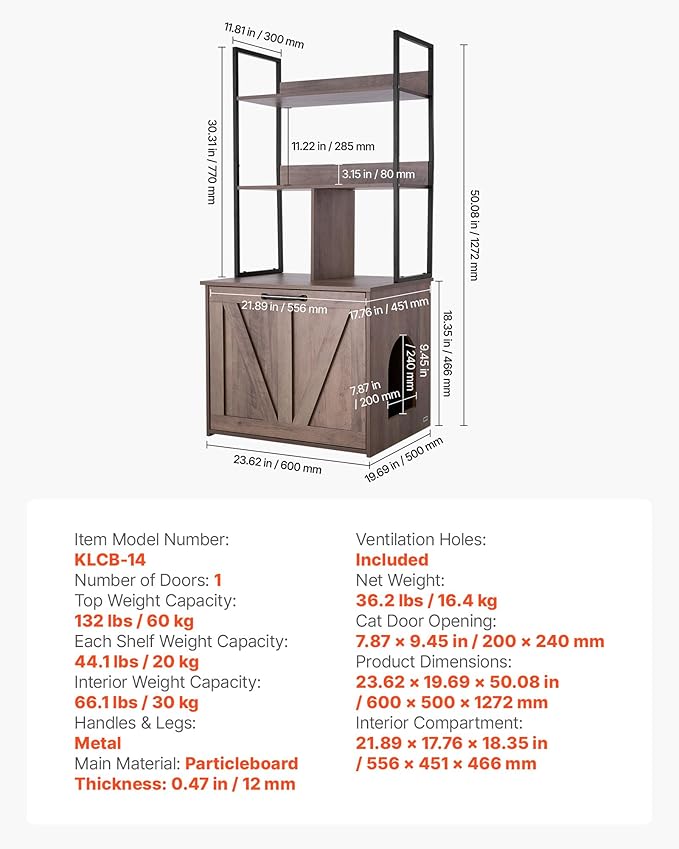VEVOR Cat Litter Box Enclosure Furniture, 23.6 in Hidden Litter Box Cabinet with Storage Shelves, Modern Style, Waterproof Washroom Side Table Cat House, Fit Most of Litterbox, for Living Room