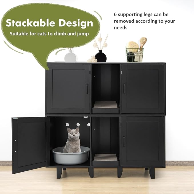 Tangkula Double Cat Litter Box Enclosure for 2 Cats, Large Stackable Hidden Privacy Cat Washroom Cabinet with Scratching Board, Indoor Cat House TV Stand Side Table, Litter Box Furniture (Black)