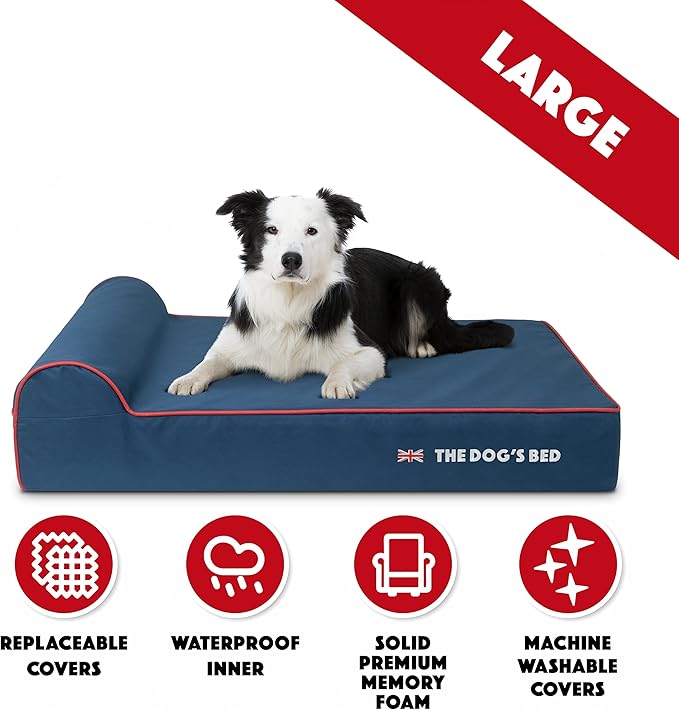 The Dog’s Bed Orthopedic Headrest Dog Bed Large Blue Oxford with Red Trim UK Flag Dog Bed, Memory Foam, Hip & Elbow Dysplasia, Post Surgery, Waterproof Washable Cover
