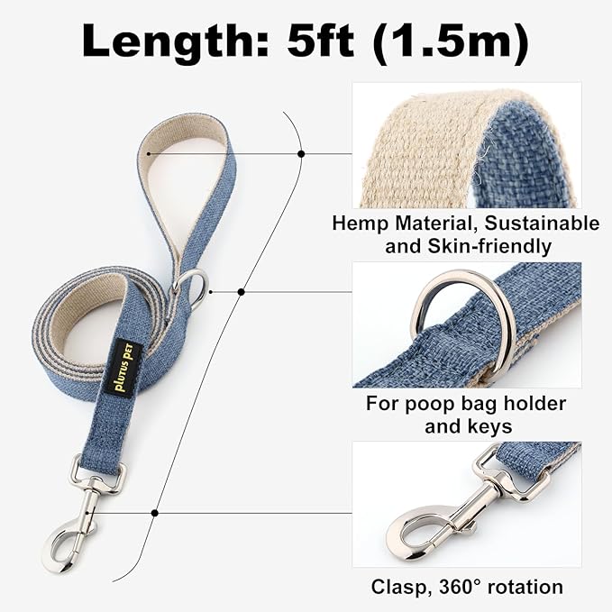 Plutus Pet Cotton Hemp Dog Collar and Leash Set, Adjustable Collar for Small, Medium, and Large Dogs, Heavy Duty and Soft on Skin, Haze Blue, XL